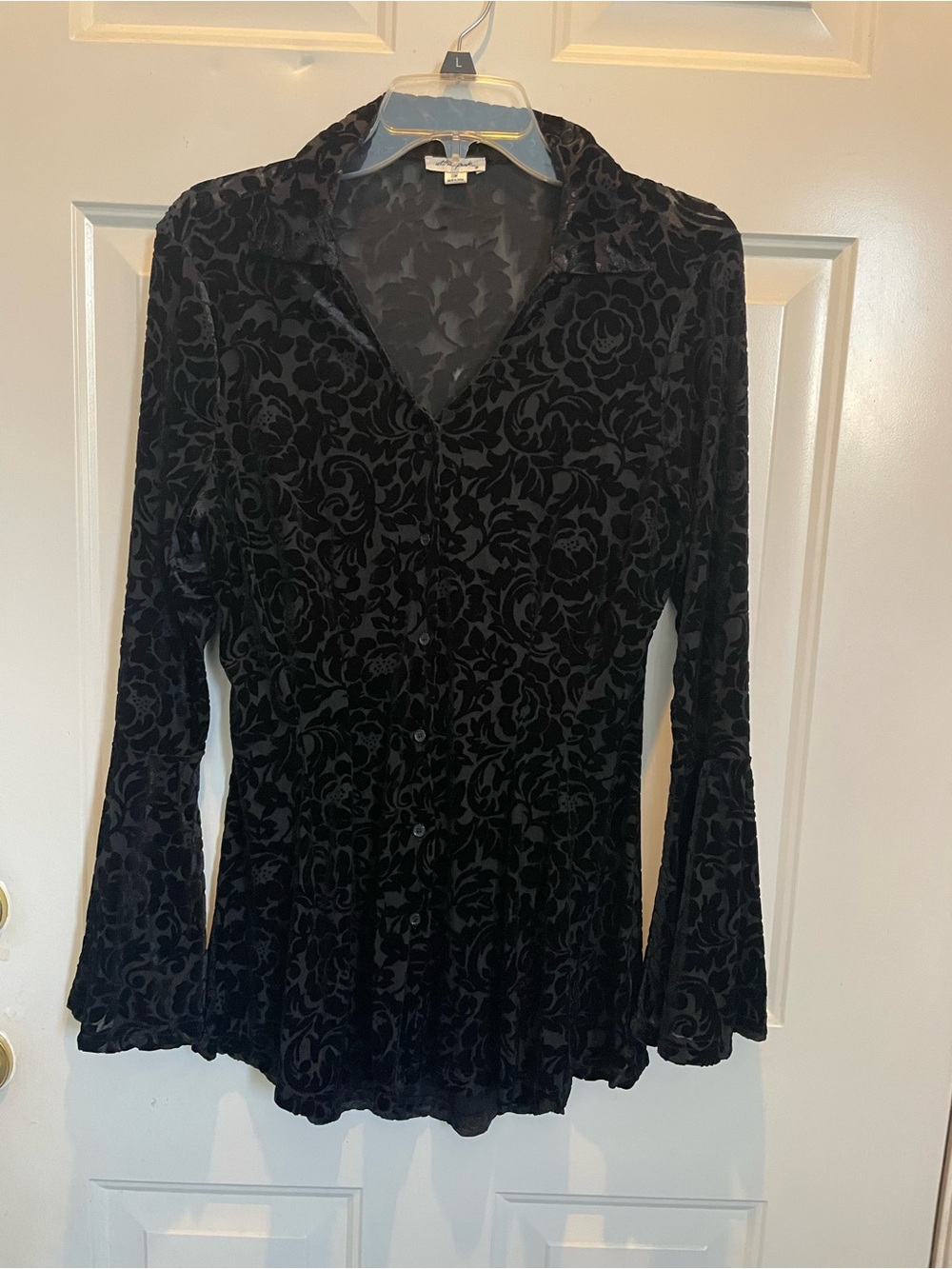 Women’s Black Velvet Burnout Steampunk Victorian Goth Button-Front Top